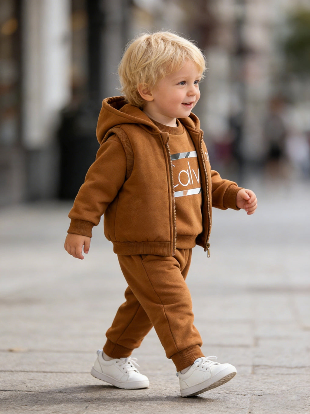 3pcs Set - Long-Sleeve Pullover Top for Babies in Autumn And Winter + Elastic Waist Long Pants + Vest - Street Style with "Calvin" Letter Print, Suitable for Outdoor Wear And Casual Outfits in The Fall And Winter