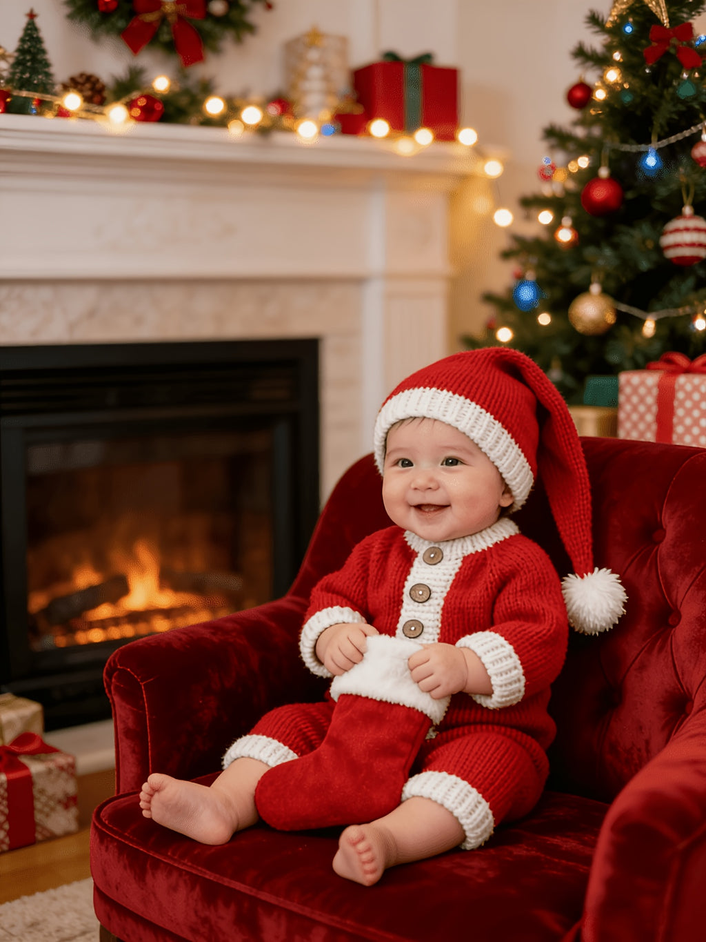 [Santa Baby Romper Set] American Christmas Style Santa Claus Shaped Set - 2pcs Unisex Baby Red And White Color Block Knit Romper + Long Tail Hat, Handmade Coarse Knit, 0-3 Months Newborn Full Christmas Photo Props