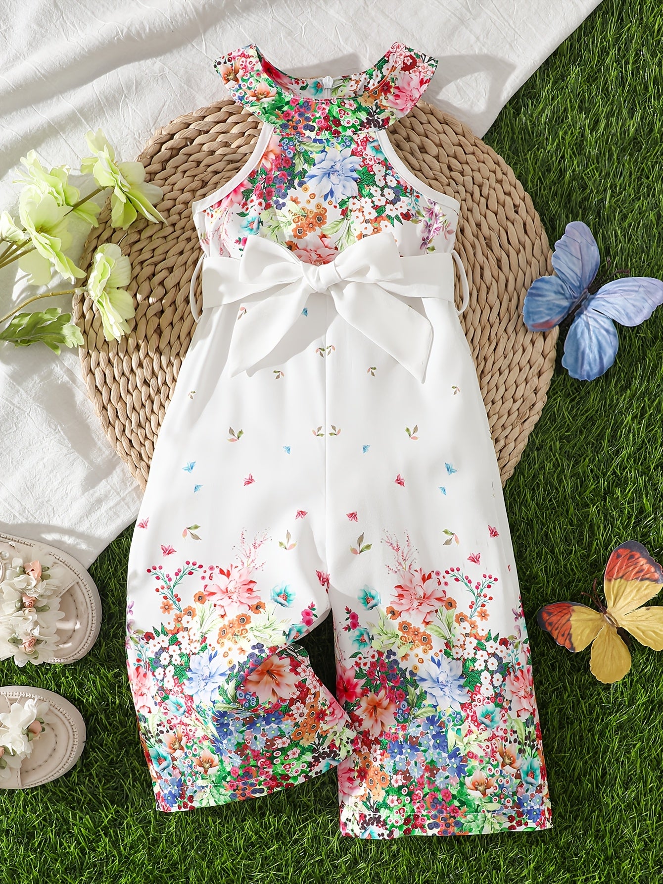 Summer European And American Baby Girl One-Piece Neck-Hanging Romper, Country Style, Sweet And Elegant. Sleeveless Design Adorned with Full-Print Colorful Floral Patterns, Suitable for Daily Wear, Summer Vacations, And Family Gatherings, for Outdoor