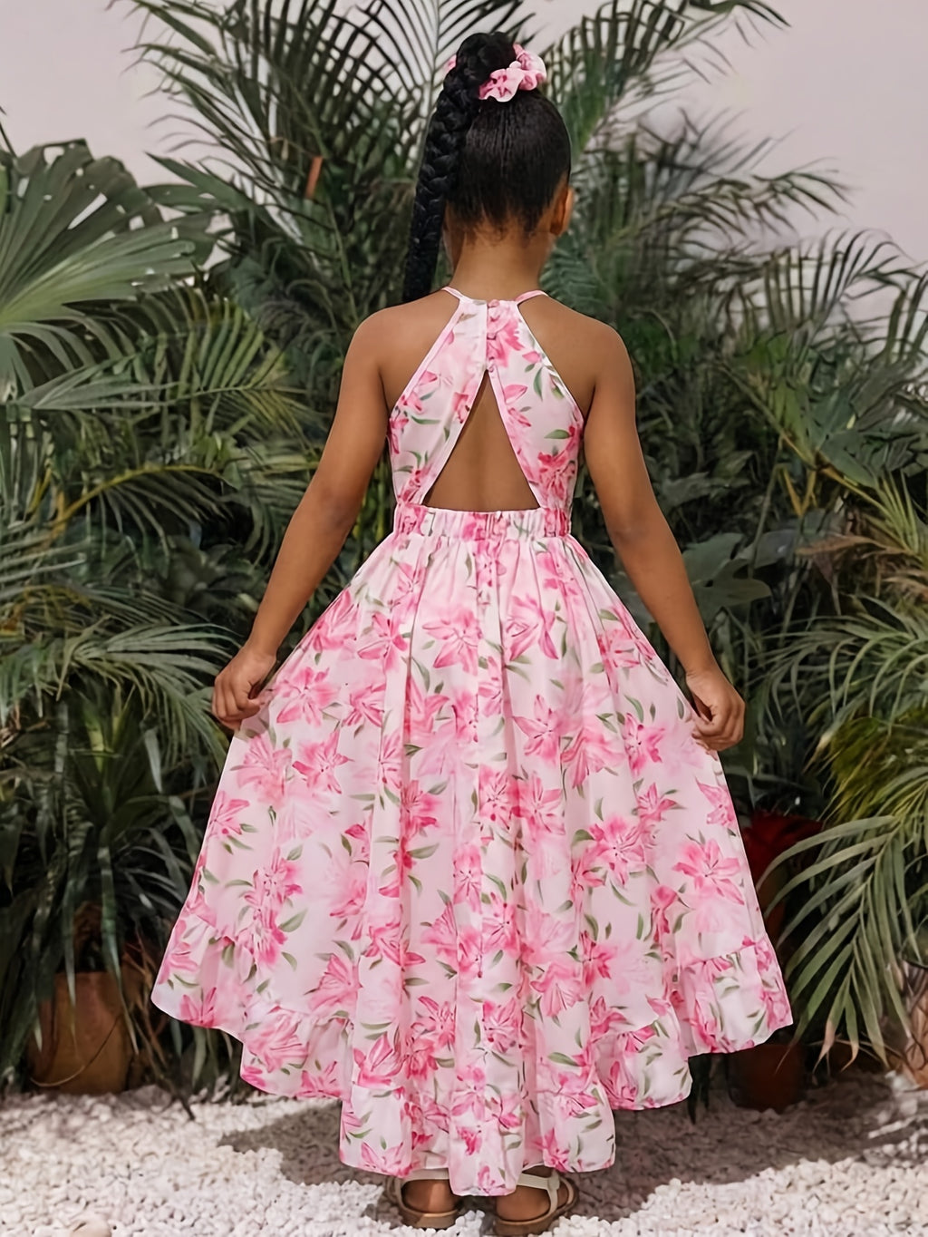 Girls' Novelty Dress, Casual Vacation Round Neck Spaghetti Strap Asymmetrical Hem Floral Print Woven Dress, Teen Girls' Backless Summer Camisole Dress