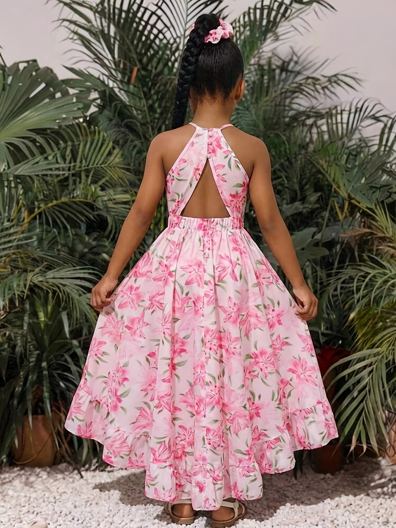 Girls' Novelty Dress, Casual Vacation Round Neck Spaghetti Strap Asymmetrical Hem Floral Print Woven Dress, Teen Girls' Backless Summer Camisole Dress