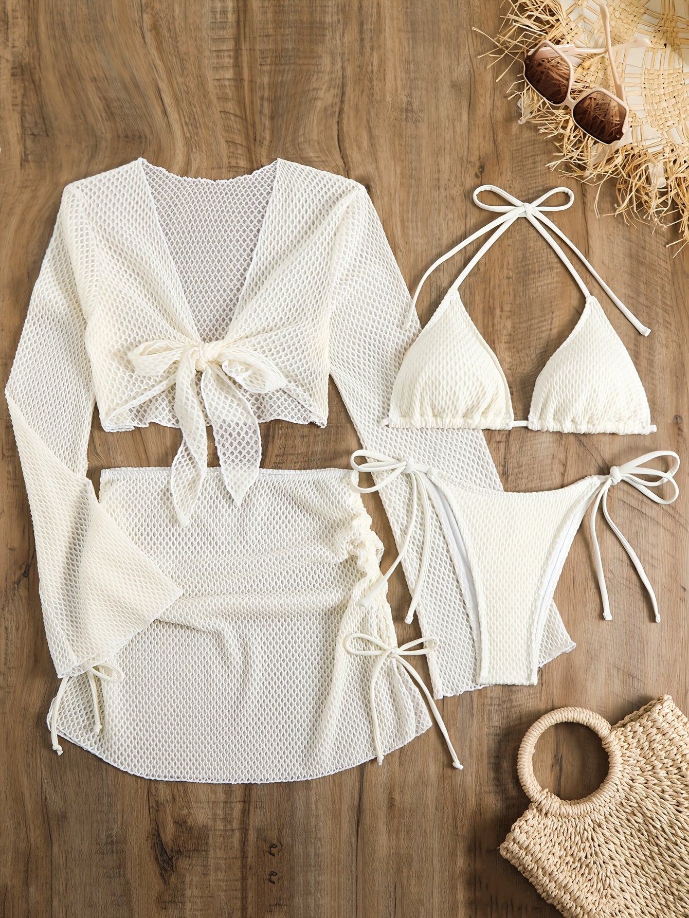 4pcs Lauvoco Women'S Bikini Set - High Stretch Polyester with Elastane, Sleeveless Off-the-Shoulder Cover-Up, Lace-Up Mesh Skirt, Solid Color Swimwear with Knit Fabric Detailing