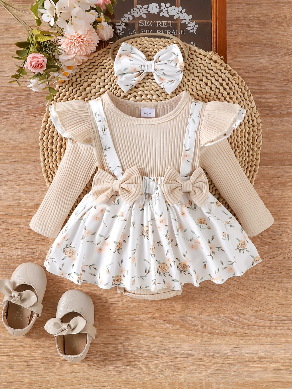 Spring/Autumn Infant Floral Print Long-Sleeve Romper Dress for Baby Girls with Flutter Sleeves + Headband Children's Clothing, Perfect for Outdoor