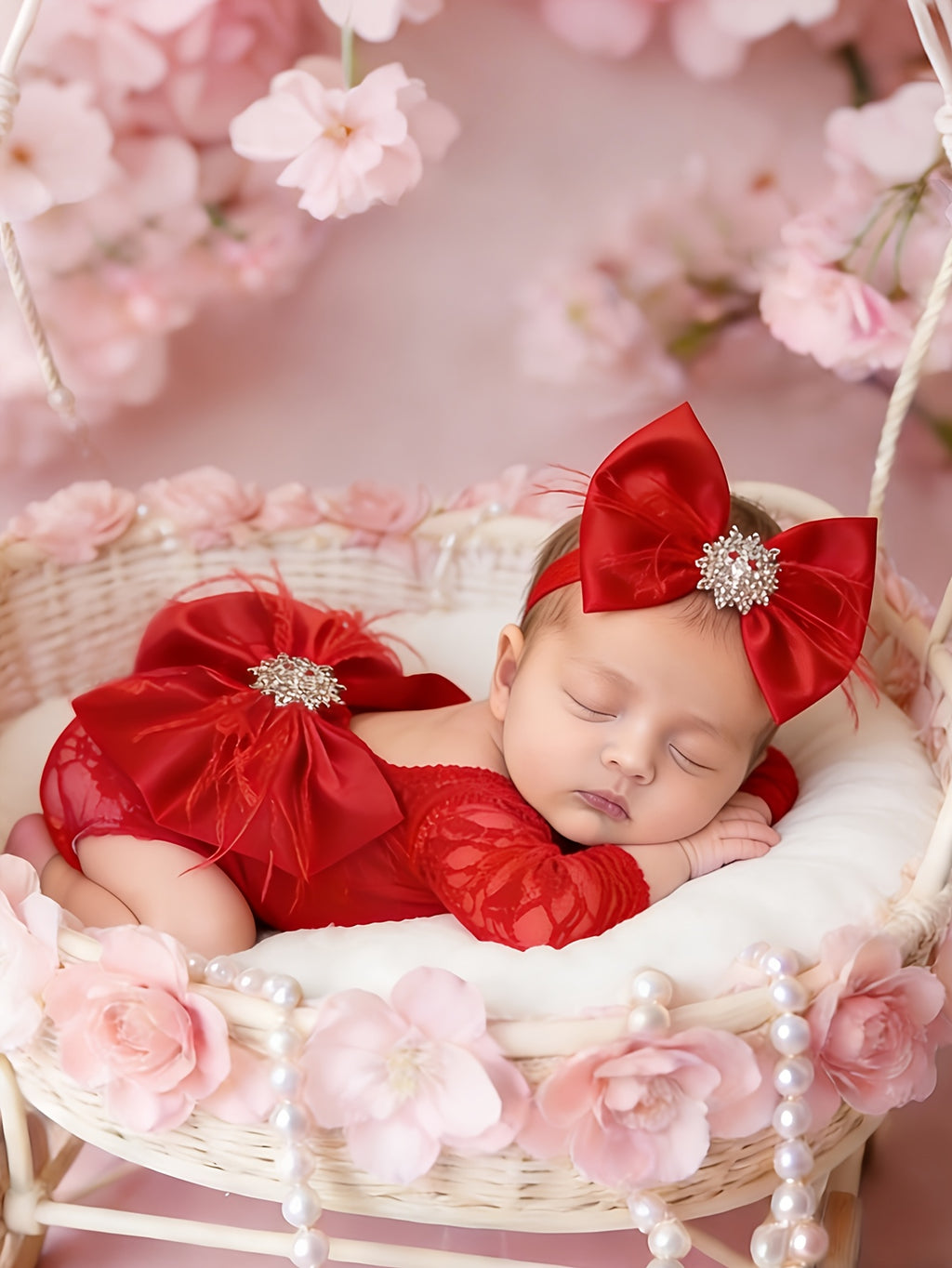 2pcs Baby Girl Knitted Long-sleeved Lace Romper with Handmade Bow Headband Newborn Photography Outfit HD15