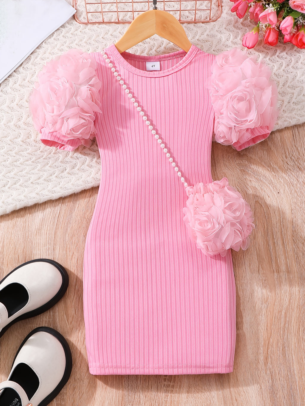 Girls' Summer Sweet Style Ribbed Textured Three-Dimensional Floral Puff Sleeve Fitted Hip-Hugging Dress with Bag, for Daily/Party Wear