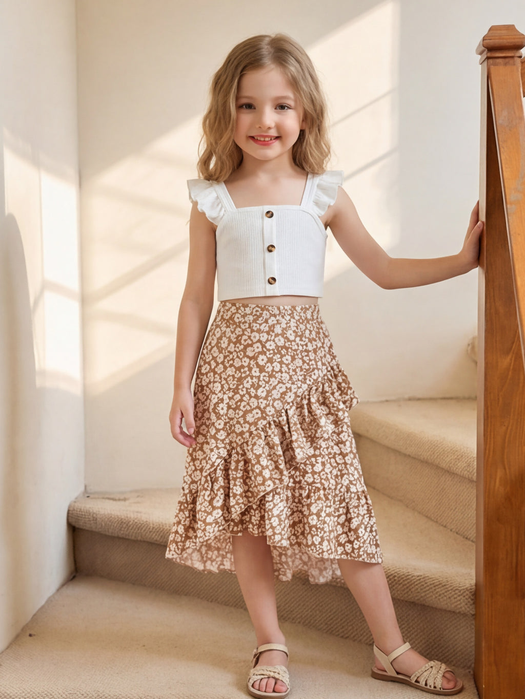 2pcs Set, Vacation Style Girls' Outfit, Sweet Everyday Style, Bohemian, Floral Print, Flutter Sleeve Top + Ruffle Hem Skirt with Irregular Hemline, Sizes 80-120, Summer Streetwear for Girls, Perfect for Outdoor