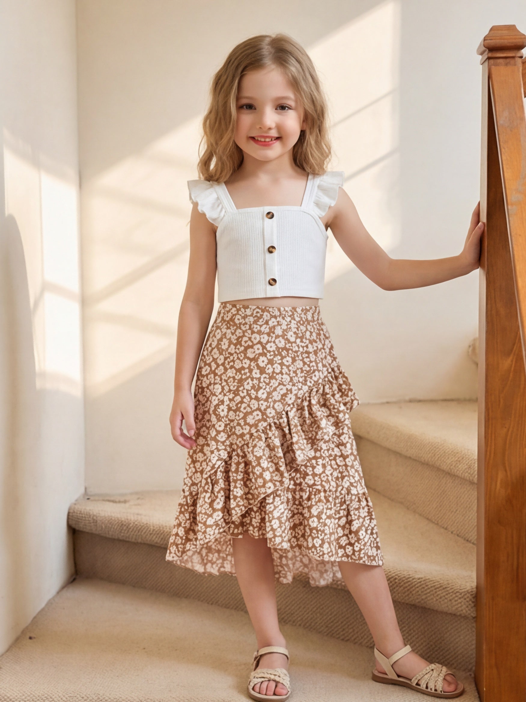 2pcs Set, Vacation Style Girls' Outfit, Sweet Everyday Style, Bohemian, Floral Print, Flutter Sleeve Top + Ruffle Hem Skirt with Irregular Hemline, Sizes 80-120, Summer Streetwear for Girls, Perfect for Outdoor