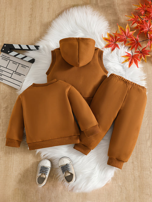 3pcs Set - Long-Sleeve Pullover Top for Babies in Autumn And Winter + Elastic Waist Long Pants + Vest - Street Style with "Calvin" Letter Print, Suitable for Outdoor Wear And Casual Outfits in The Fall And Winter