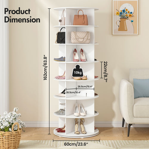 Advwin 7 Tier Rotating Shoe Rack Tower, 360° Revolving Shoe Display Rack, Free Standing Round Carousel Shoe Display Lazy Susan for Entryway Living Room Hallway, White
