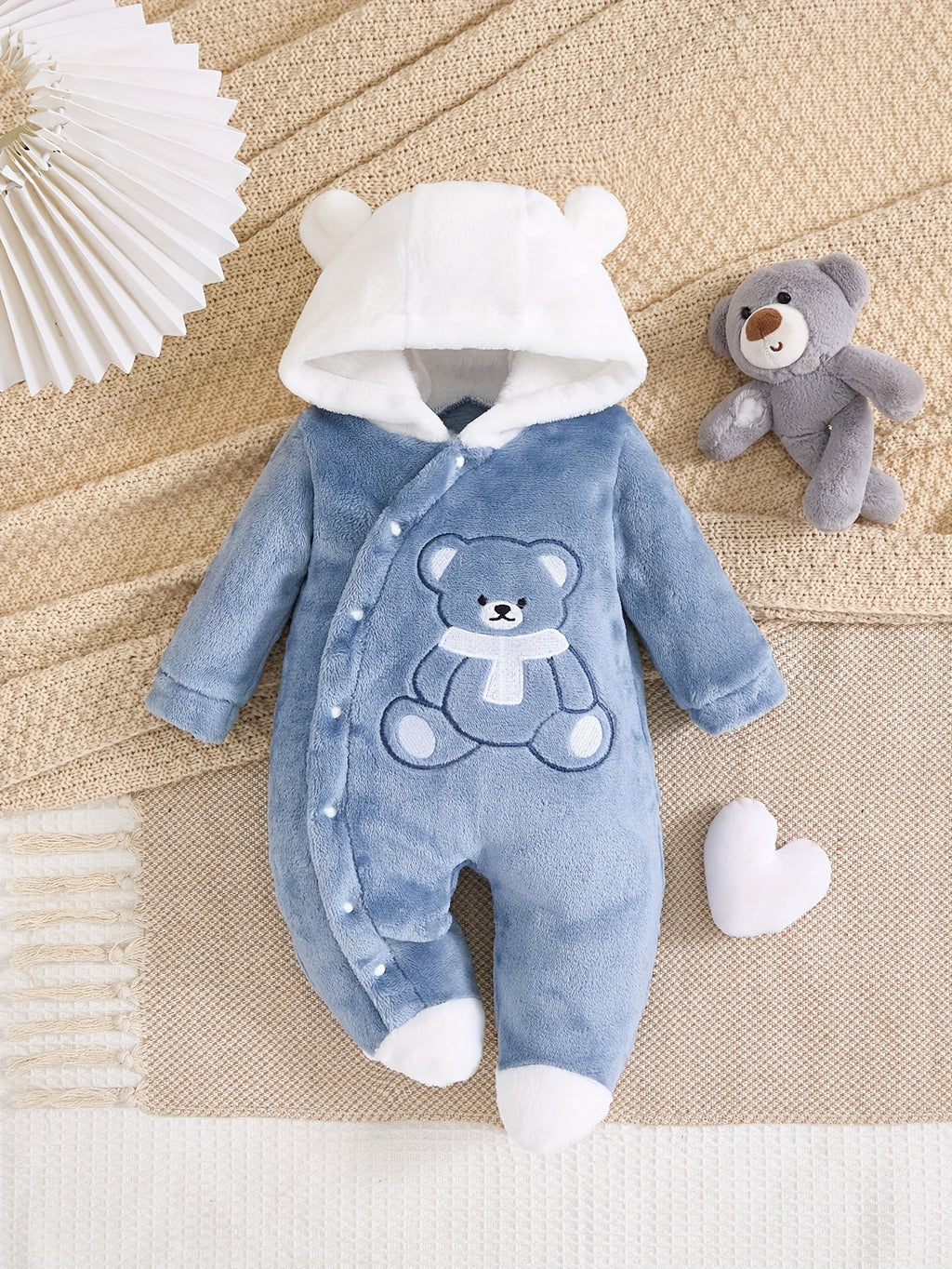 Baby Romper Onesie Autumn And Winter Thickened Warm Cute Scarf Bear Applique Embroidery Button Design Footed And Footed Jumpsuit Baby Christening Dress Outerwear, for Outdoor