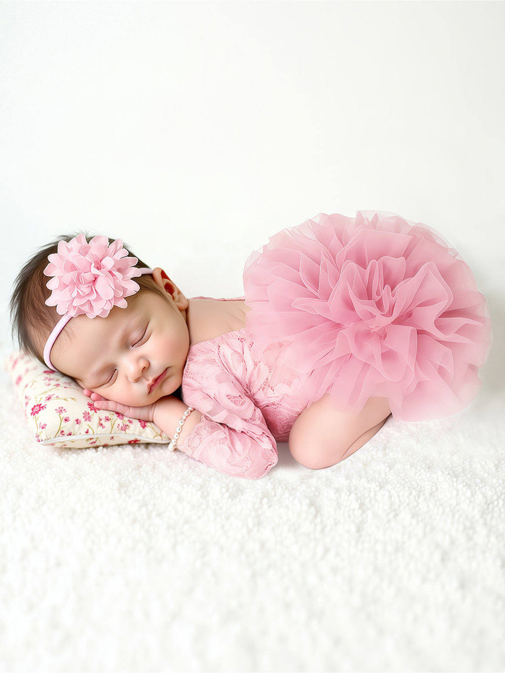 [Newborn Lace Bodysuit Set] Newborn Puff Mesh Lace Triangle Bodysuit with Headband - 2pcs Children's Knitted Long-Sleeve Set - Newborn Photography Outfit