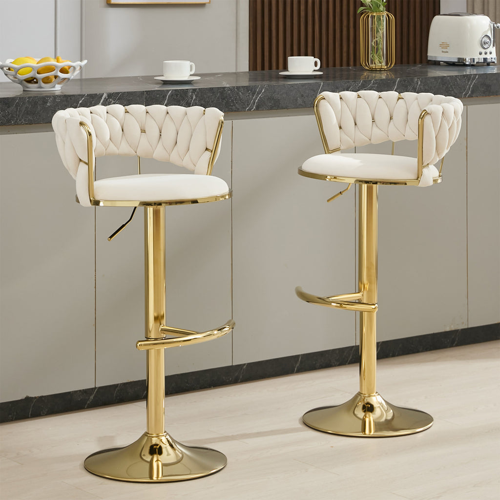 2x Gold Bar Stools, Set of 2 Velvet Adjustable Swivel Barstools with Gloden Base, 360° Swivel Bar Stools for Kitchen Island