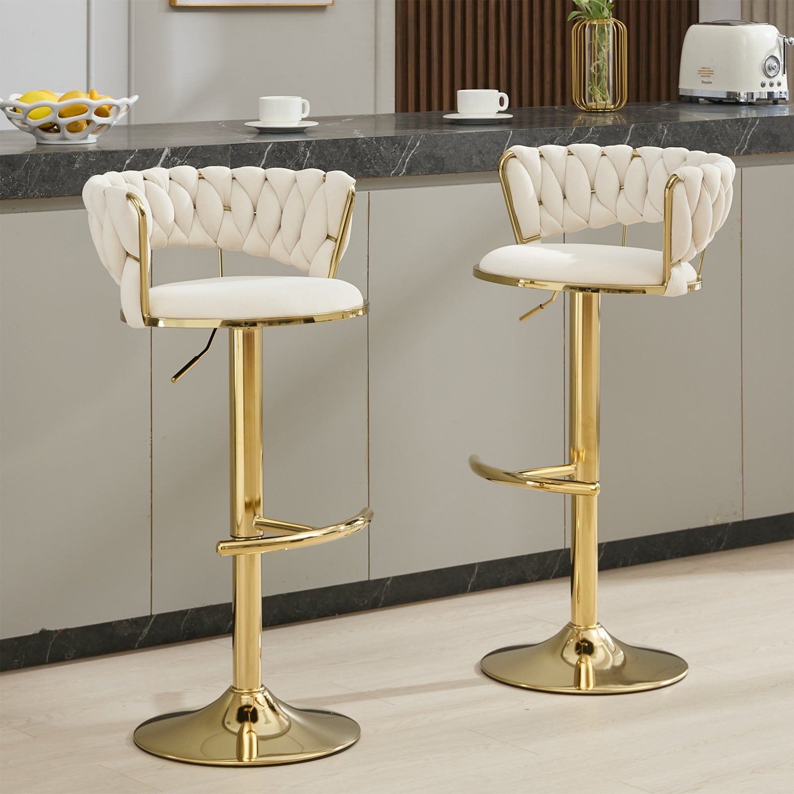 2x Gold Bar Stools, Set of 2 Velvet Adjustable Swivel Barstools with Gloden Base, 360° Swivel Bar Stools for Kitchen Island