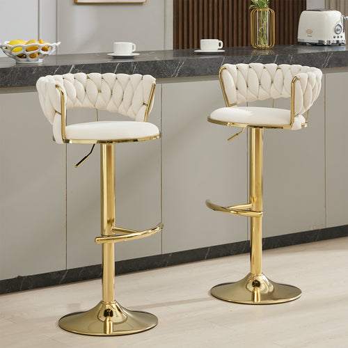 2x Gold Bar Stools, Set of 2 Velvet Adjustable Swivel Barstools with Gloden Base, 360° Swivel Bar Stools for Kitchen Island