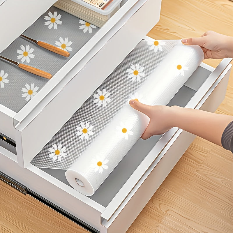 1 Roll Daisy Design Waterproof Cabinet Shelf Liner - Easy to Clean Plastic Mat, Waterproof, Oil-Proof, Non-Slip Durable Shelf Mat | Cuttable, Suitable for Kitchen, Refrigerator, Table And Drawer Organization - Length 100 Cm/39.37 Inches