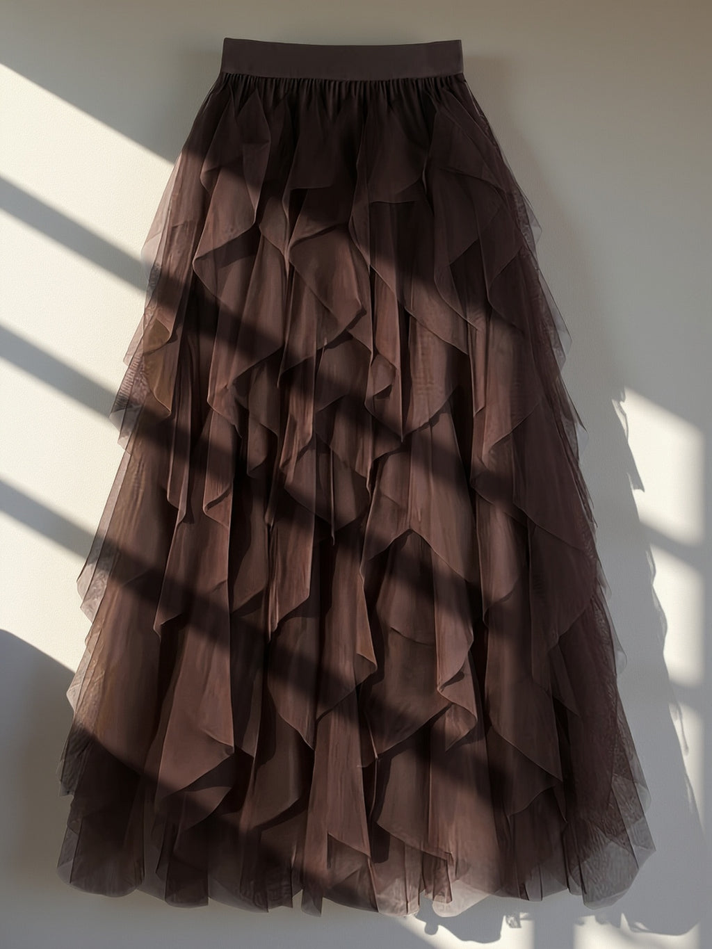 Chic Elegance, Elegant High-Waist A-Line Tulle Skirt for Women - Chic Korean-Style Spring Collection, Sheer Brown Polyester with Delicate Mesh Layers, Perfect for Summer Skirt