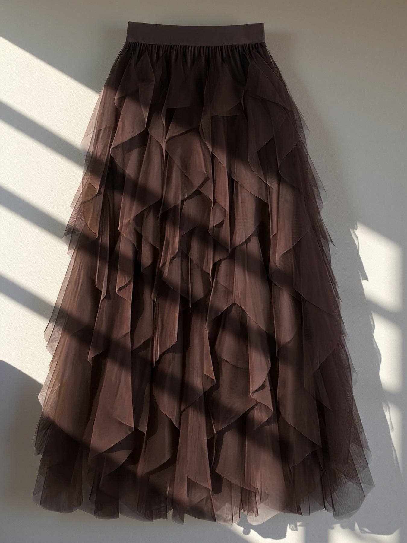 Chic Elegance, Elegant High-Waist A-Line Tulle Skirt for Women - Chic Korean-Style Spring Collection, Sheer Brown Polyester with Delicate Mesh Layers, Perfect for Summer Skirt
