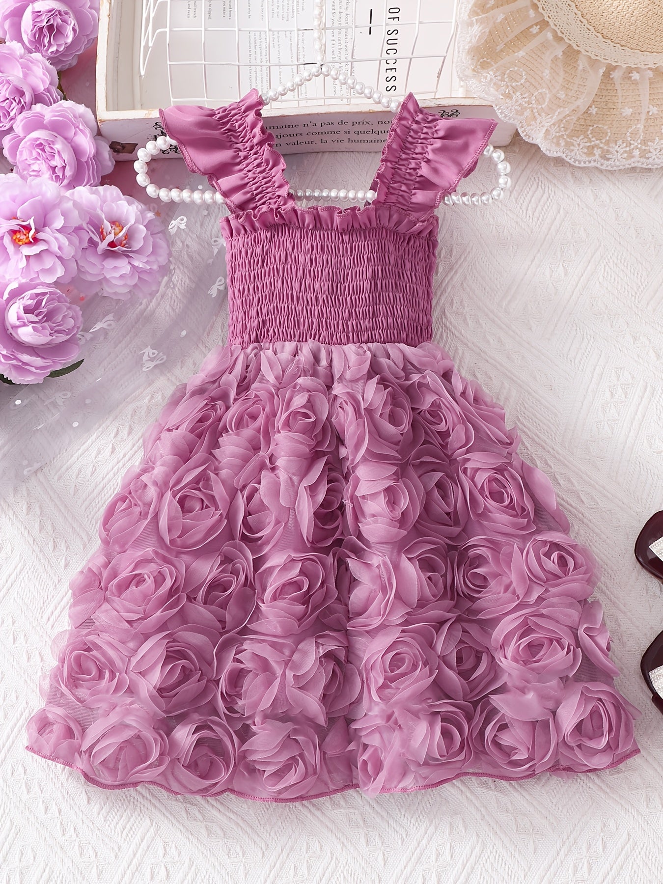 Baby Princess Dress, Sweet Vintage Style 3D Rose Flower Skirt And Solid Color Ruched Waist Tulip A-Line Puff Dress, Square Neck Small Flutter Sleeves Casual Dress for Flower Girl/Birthday/Party/Outdoor/Daily Summer New Style Children'S Dress [Girls'