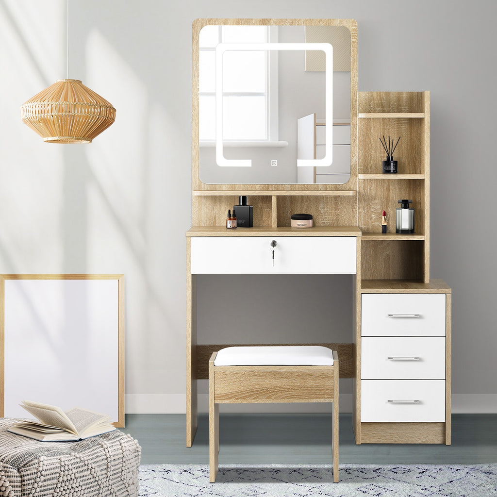 Modern Vanity Desk with LED Mirror & Storage Cabinet - USB-Powered Makeup Table, 3, 2+ Cubic Feet Storage, 68.58cm Height, 2 Drawers & Shelves, White & Wood Finish, Compact Design for Bedroom, Bathroom, or Dressing Room, Vanity Desk, Bedroom Furniture, C
