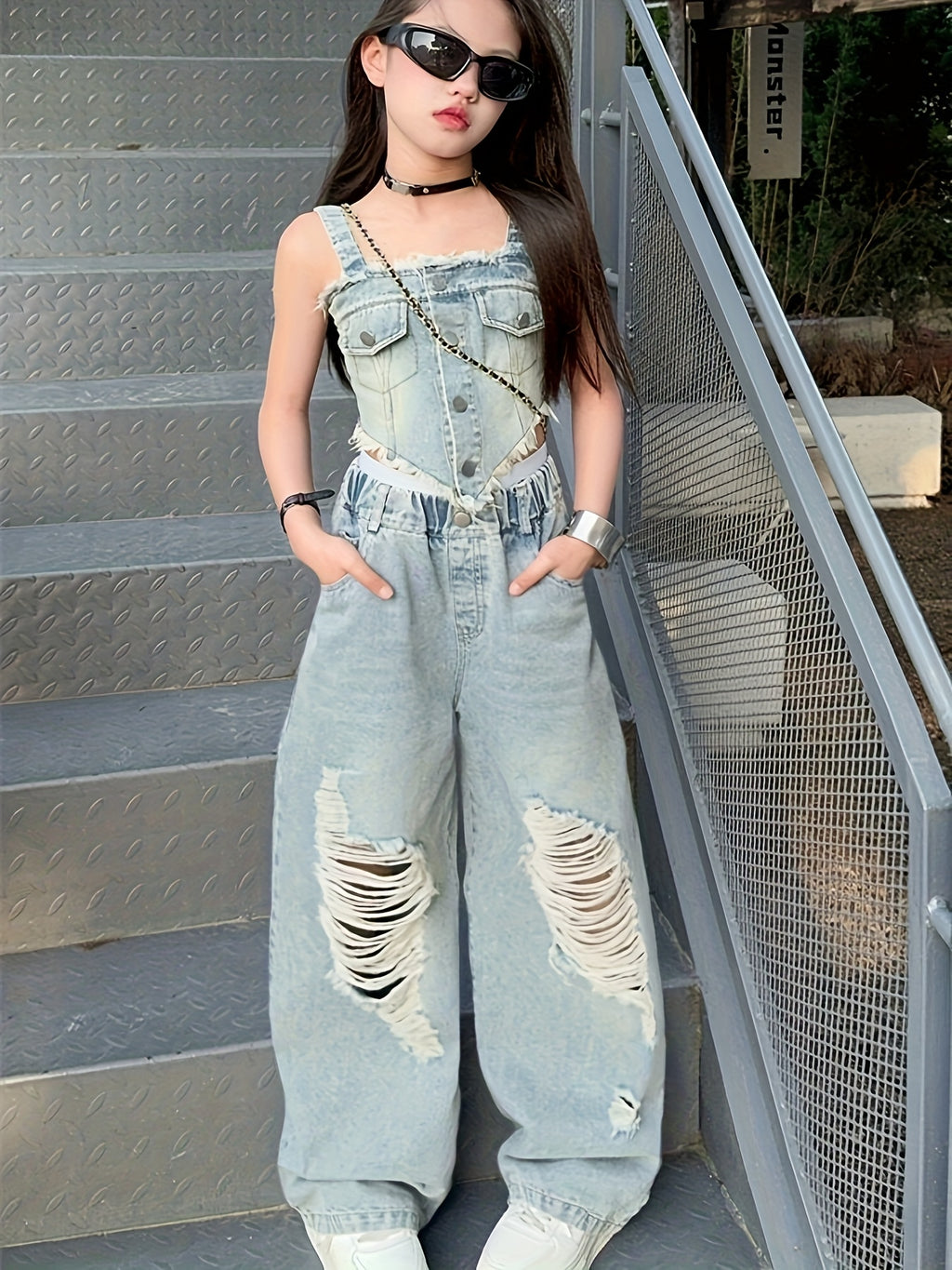 Girls' Summer Denim Set Fashion Trendy Versatile Wide-Leg Pants And Camisole 2pcs Set, for Outdoor