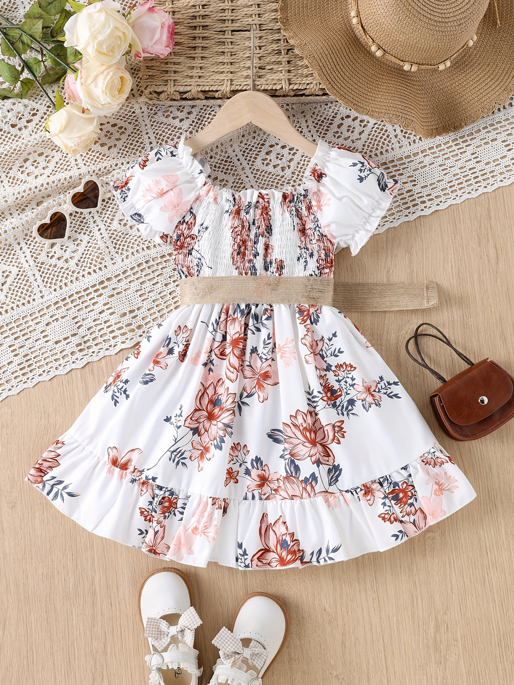 White Waist-Cinching Print Short-Sleeve Round-Neck Casual Dress for Girls
