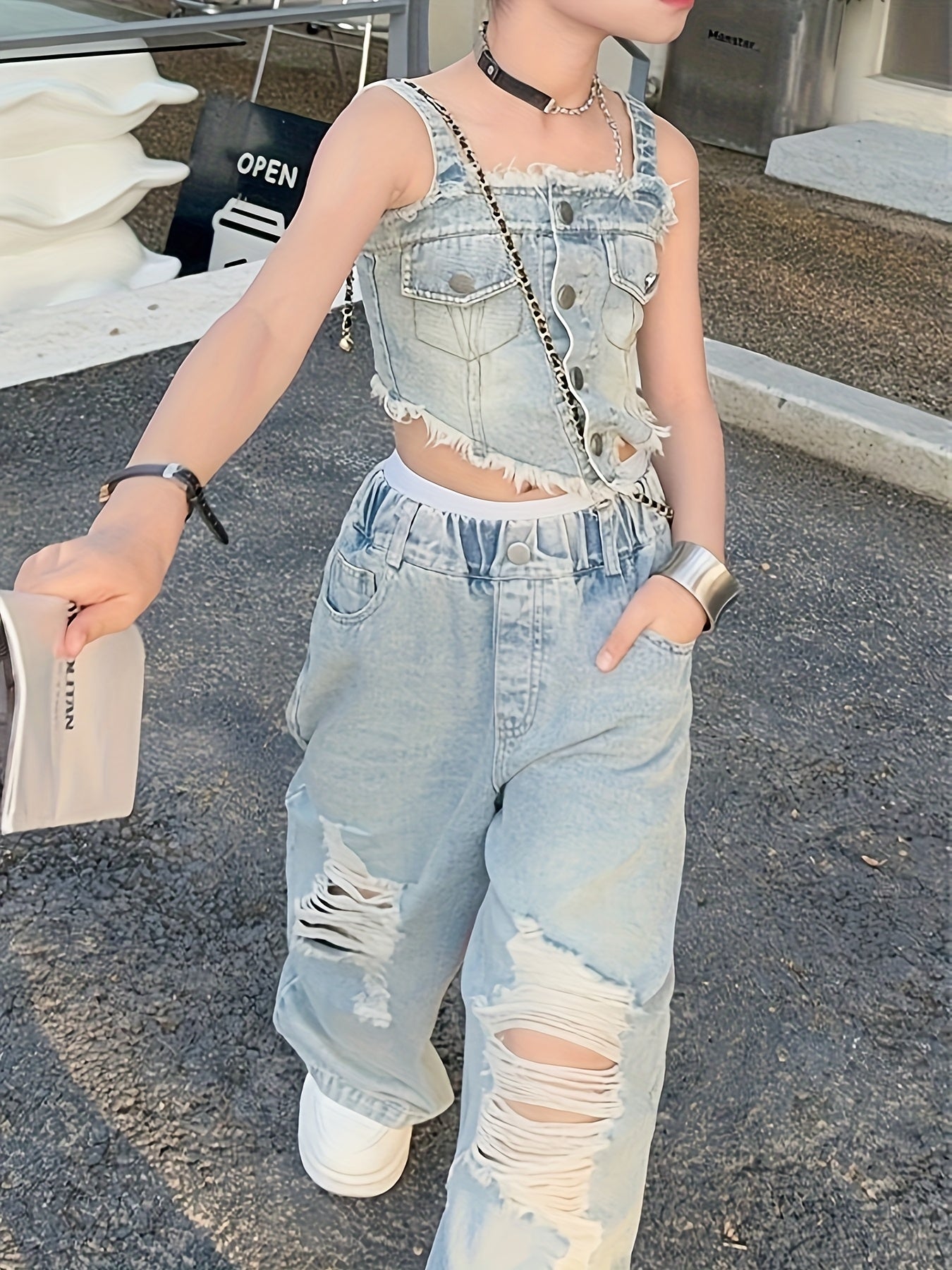 Girls' Summer Denim Set Fashion Trendy Versatile Wide-Leg Pants And Camisole 2pcs Set, for Outdoor