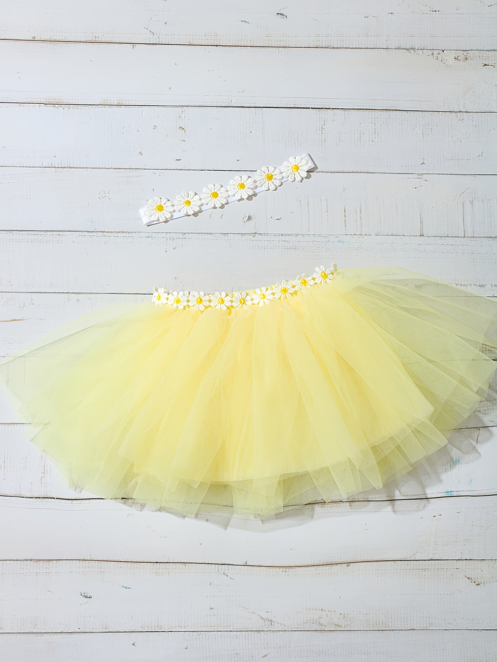 2pcs Newborn Mesh Tutu Skirt And Daisy Headband, Baby Mesh Puff Dress Set, Baby Photography Outfit