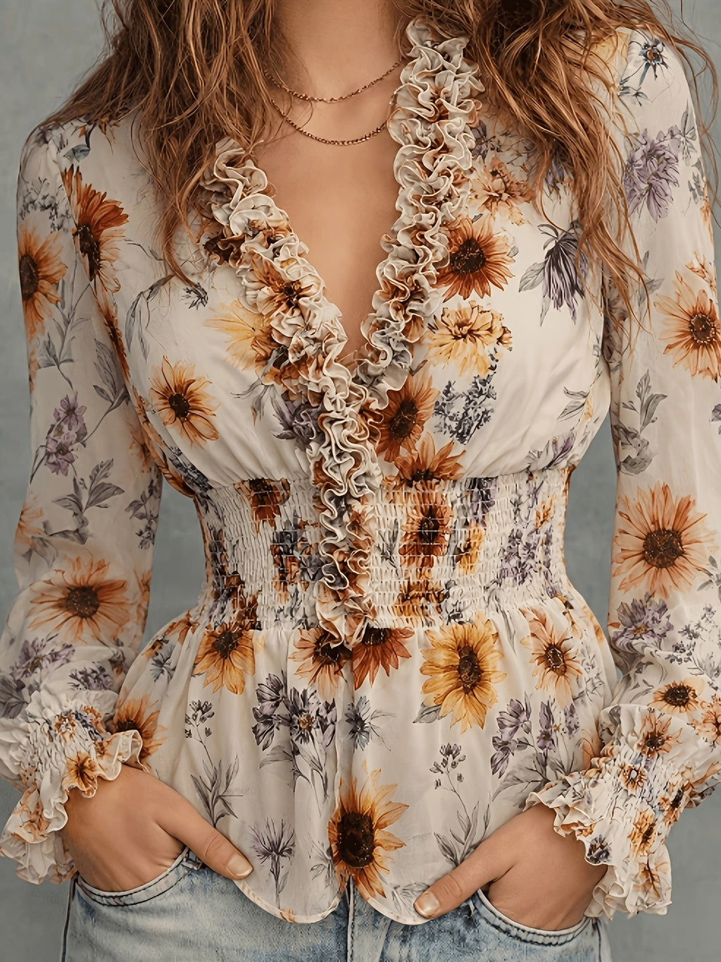 Spring Summer Women's Blouse - Casual Fashion Elegant Versatile Printed Long Sleeve V-Neck