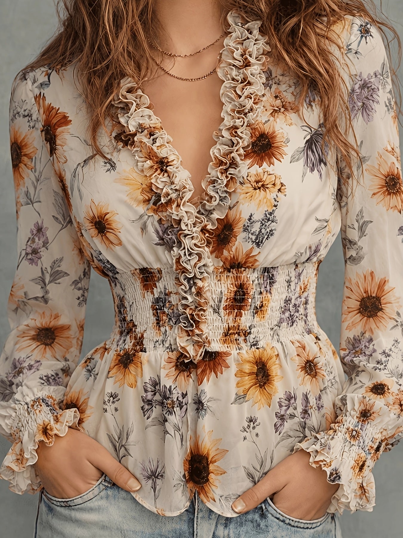 Spring Summer Women's Blouse - Casual Fashion Elegant Versatile Printed Long Sleeve V-Neck