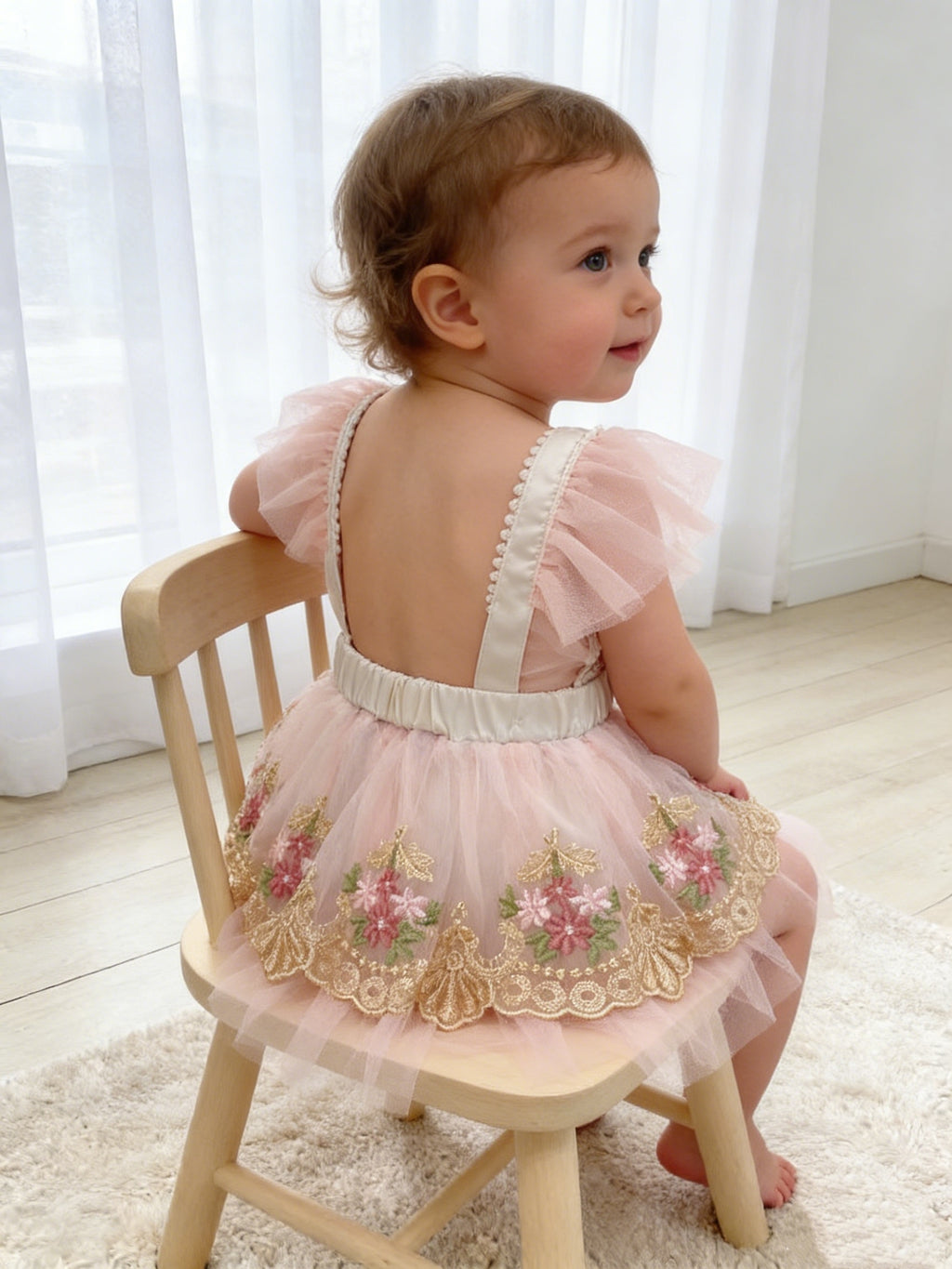 Summer Mesh Lace Embroidered Pearl Flutter Sleeve Bodysuit for Baby Girls, 100-Day & First Birthday Party Princess Puffy Skirt Romper