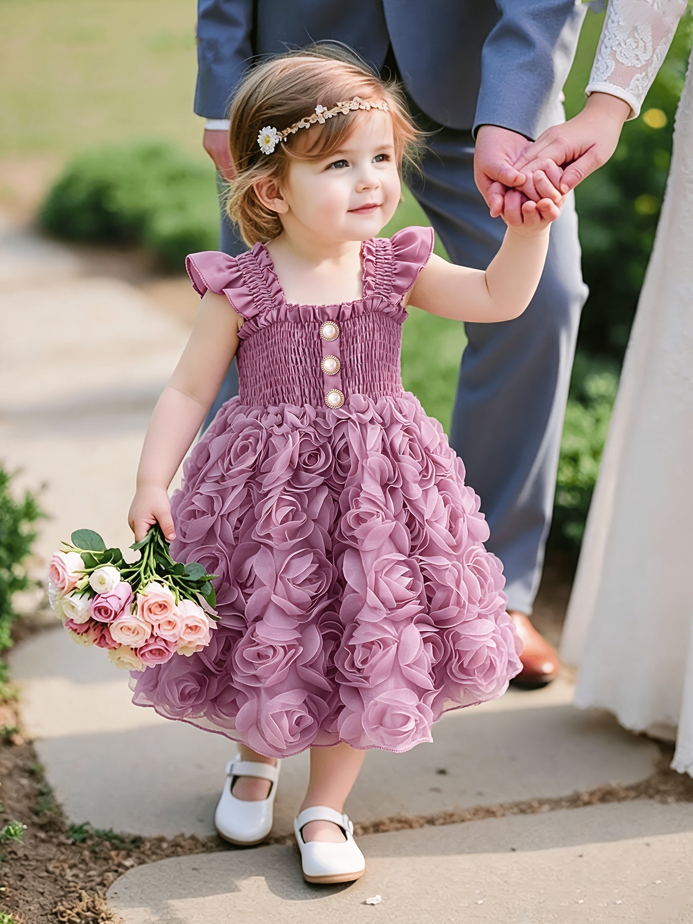 Baby Princess Dress, Sweet Vintage Style 3D Rose Flower Skirt And Solid Color Ruched Waist Tulip A-Line Puff Dress, Square Neck Small Flutter Sleeves Casual Dress for Flower Girl/Birthday/Party/Outdoor/Daily Summer New Style Children'S Dress [Girls'