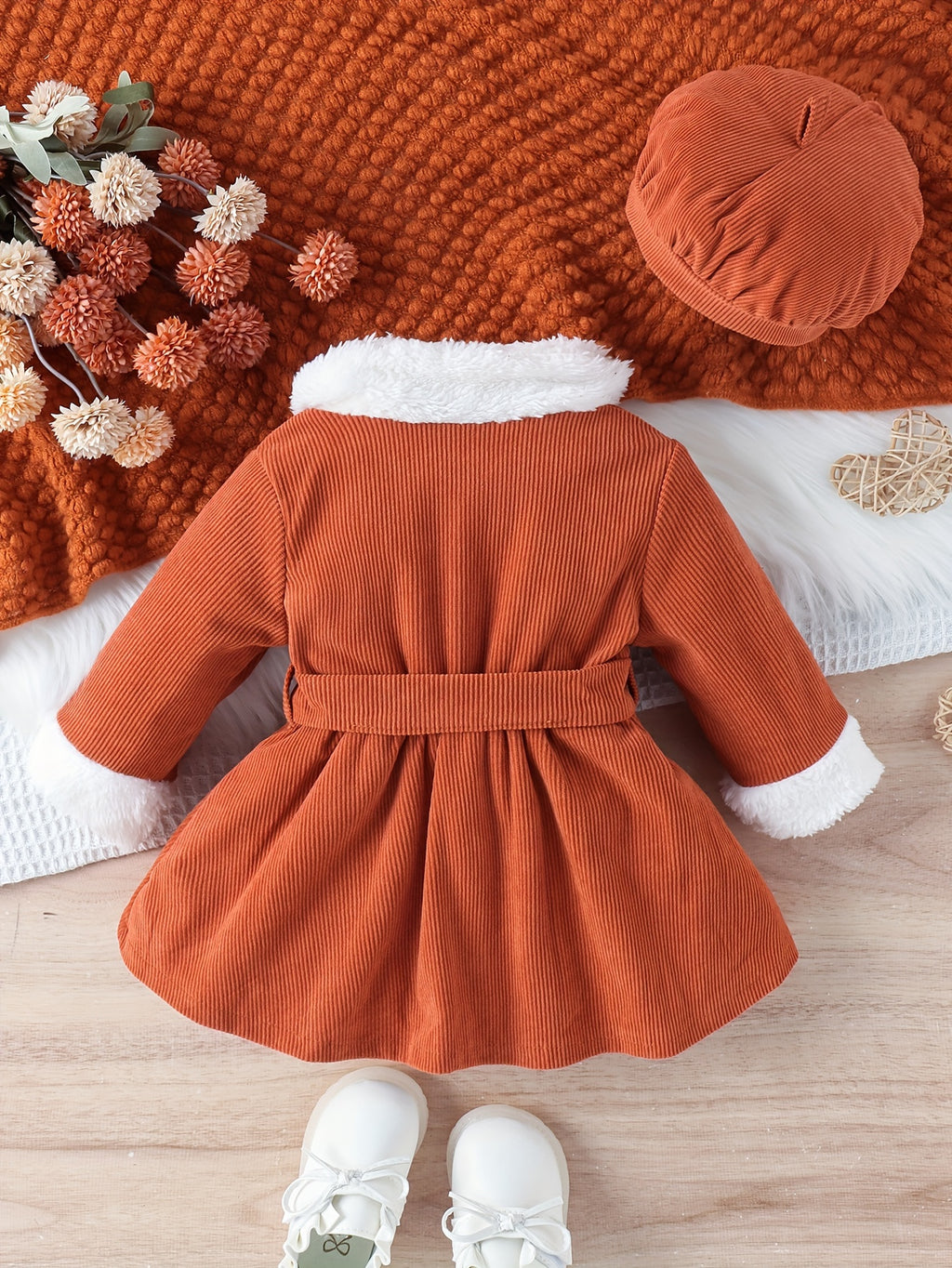 S 3pcs Winter Dress & Hat Set - Mustard-Yellow A-Line Collar Dress with White Faux Fur Trim, Belted Waist & Matching, Machine Washable Cozy Outfit for & (Ceremonial/Casual Wear)