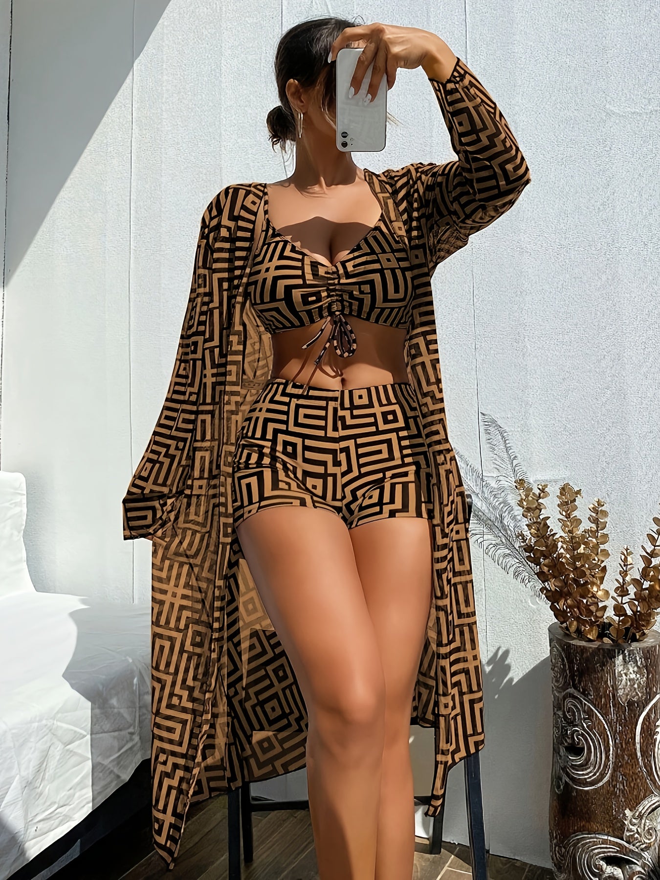 New Women's Mesh Brown Striped Print Long Sleeve Three-Piece Swimsuit