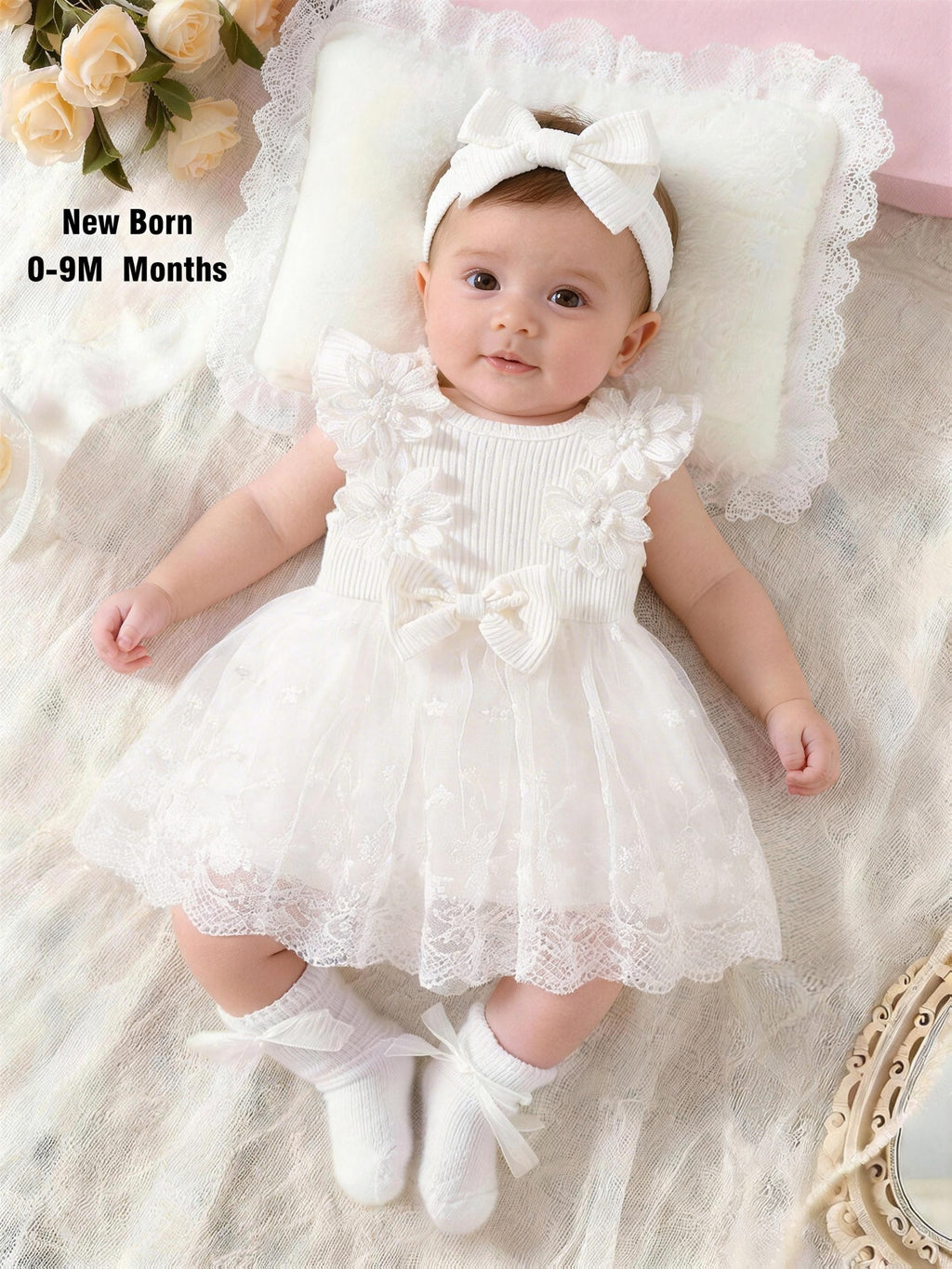 2pcs Set: Newborn Baby Girl Dress + Headband, Spring/Summer New Arrival, Sweet, Elegant, and Adorable White Ribbed Fabric with Three-Dimensional Embroidered Flowers and Bow, Lace and Mesh Patchwork, Suitable for Outdoor Photoshoots