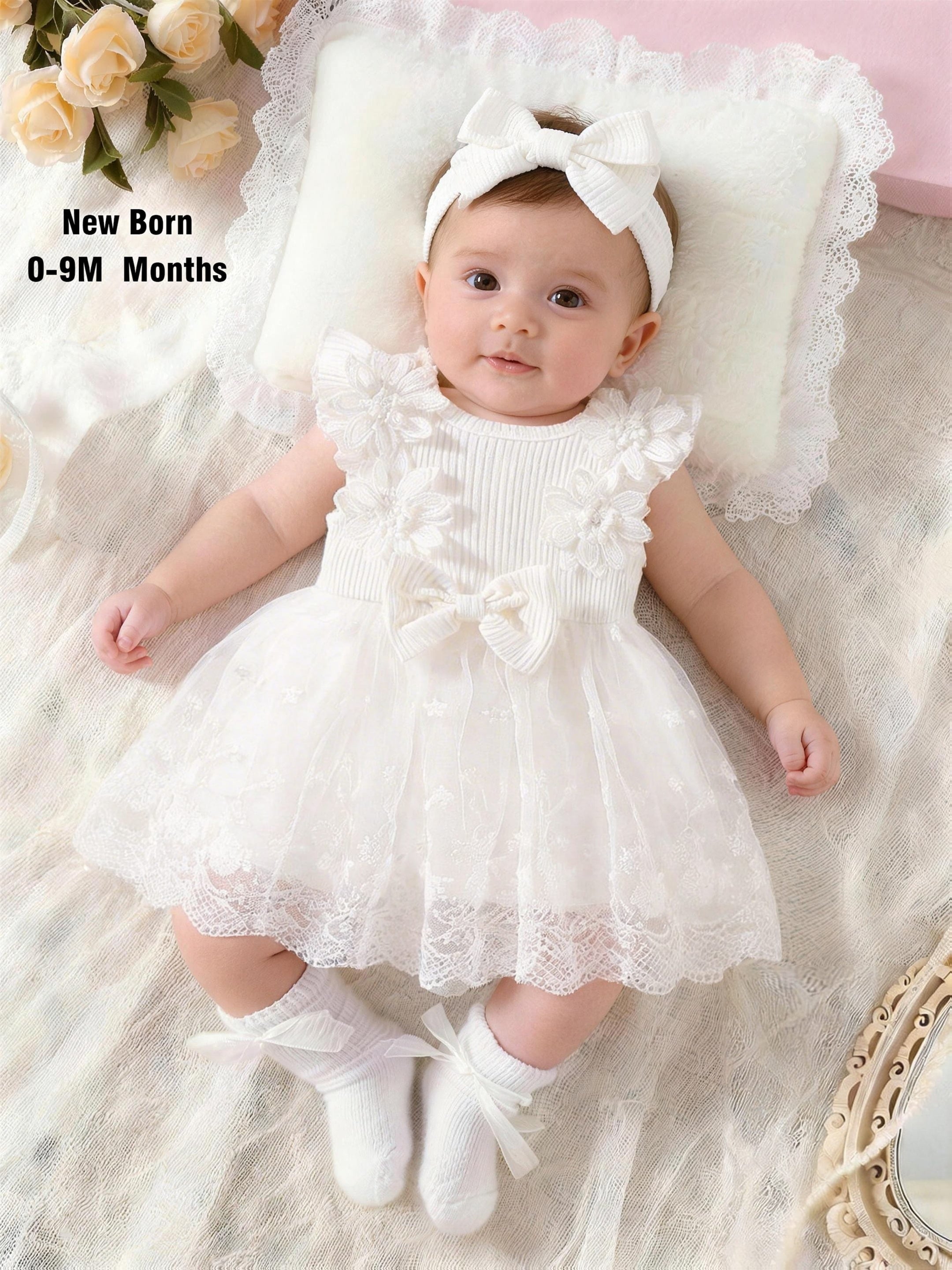 2pcs Set: Newborn Baby Girl Dress + Headband, Spring/Summer New Arrival, Sweet, Elegant, and Adorable White Ribbed Fabric with Three-Dimensional Embroidered Flowers and Bow, Lace and Mesh Patchwork, Suitable for Outdoor Photoshoots