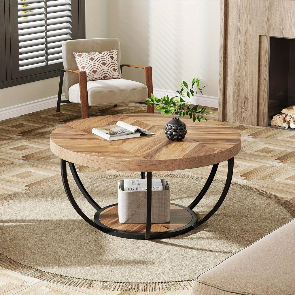 80.52 cm Coffee Table, Modern Round Table with 2-Tier Storage Shelves, Industrial Wood Metal Accent Center Table for Living Room, Home Office, Easy Assembly