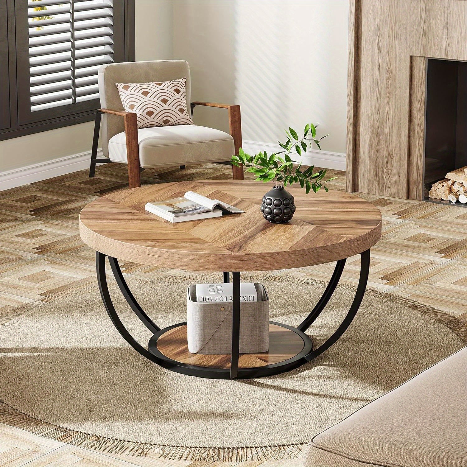 80.52 cm Coffee Table, Modern Round Table with 2-Tier Storage Shelves, Industrial Wood Metal Accent Center Table for Living Room, Home Office, Easy Assembly
