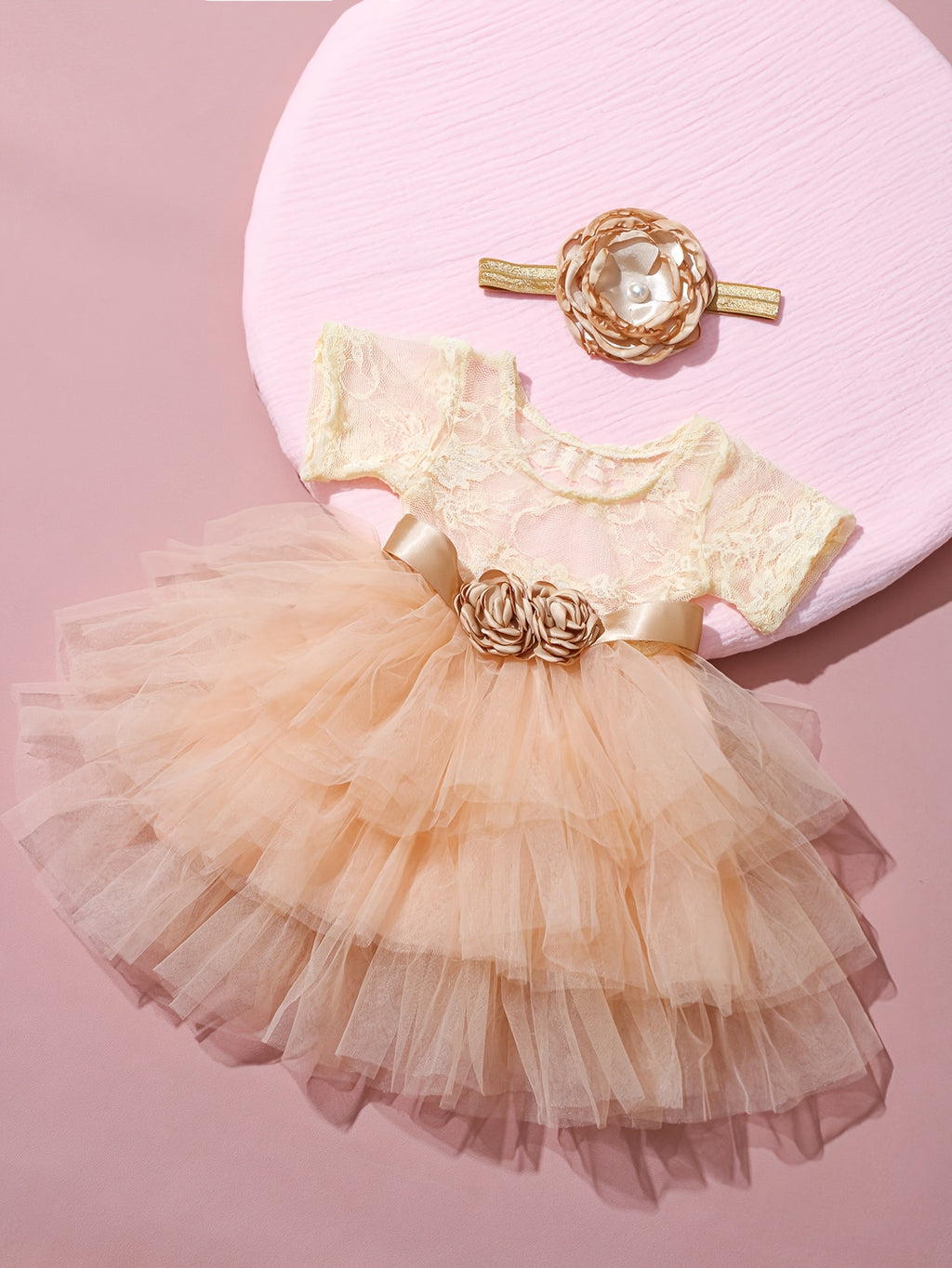 2pcs Newborn Lace Gauze Dress + Headband Baby Girl Knit Short Sleeve Gauze Puffy Skirt Set Infant Photography Outfit Set HD15