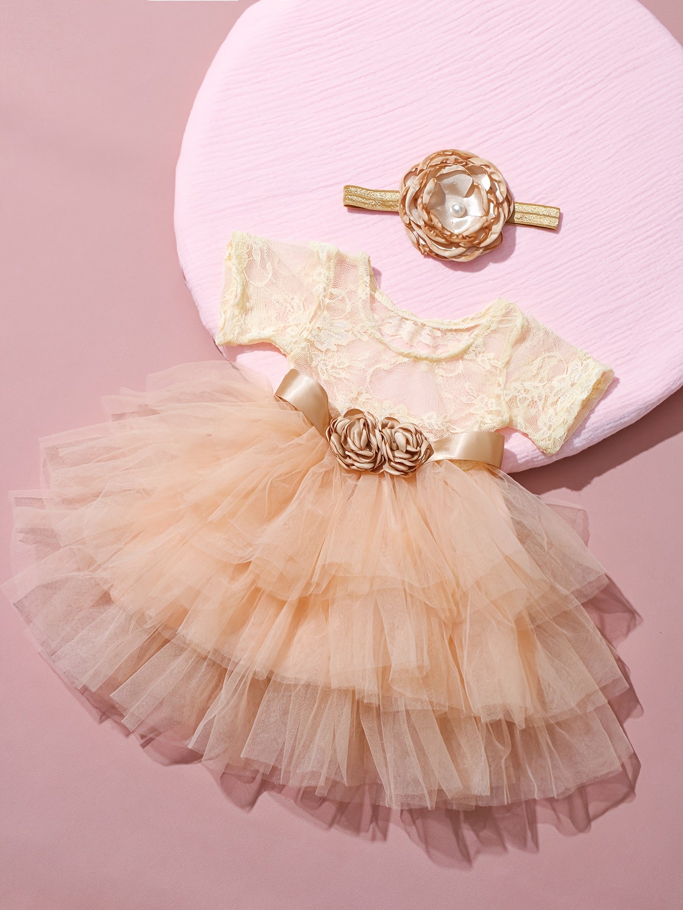 2pcs Newborn Lace Gauze Dress + Headband Baby Girl Knit Short Sleeve Gauze Puffy Skirt Set Infant Photography Outfit Set HD15