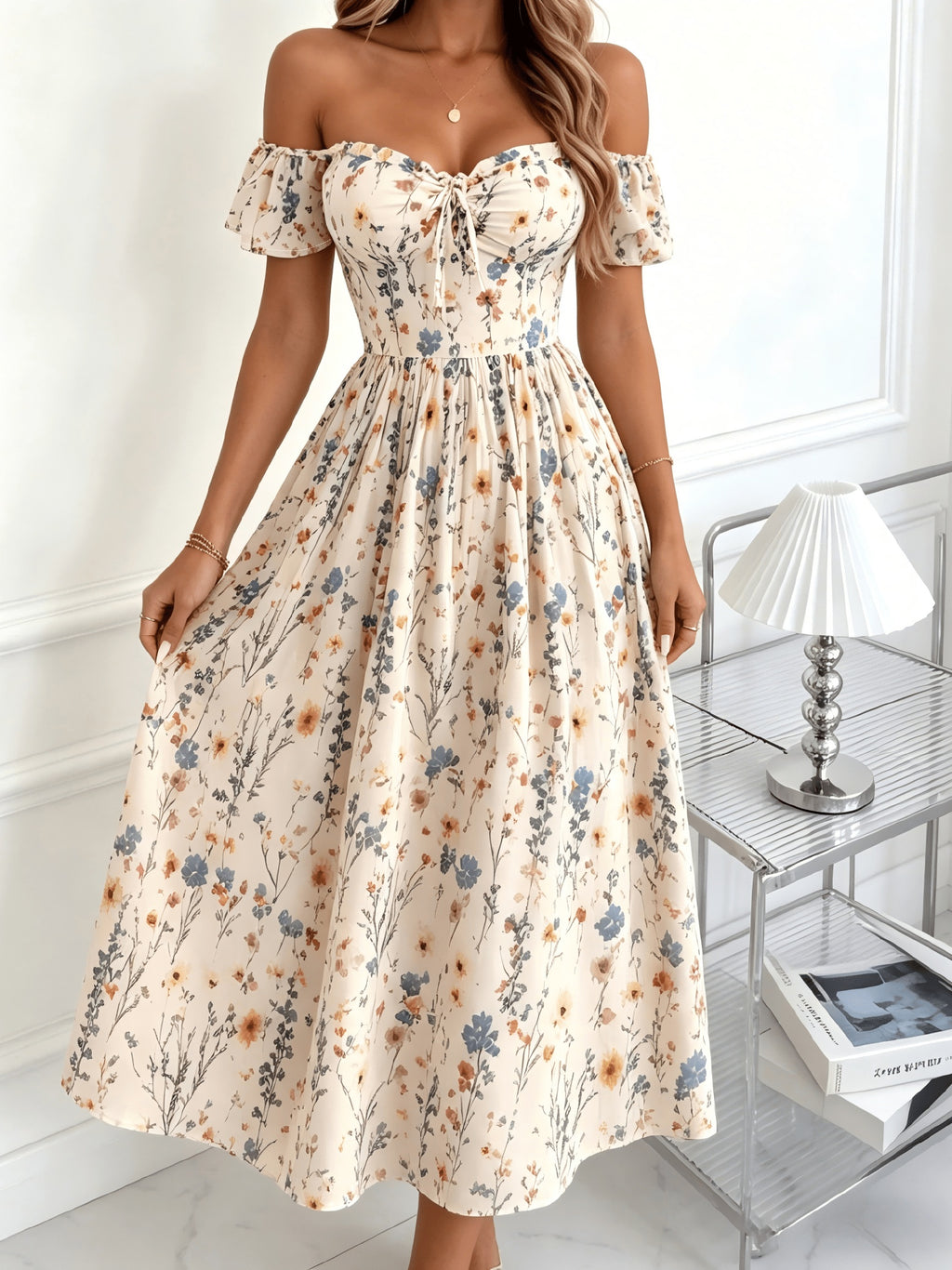 Shangyue Clothing Women'S New Elegant Waist-Cinching Printed Vacation Dress