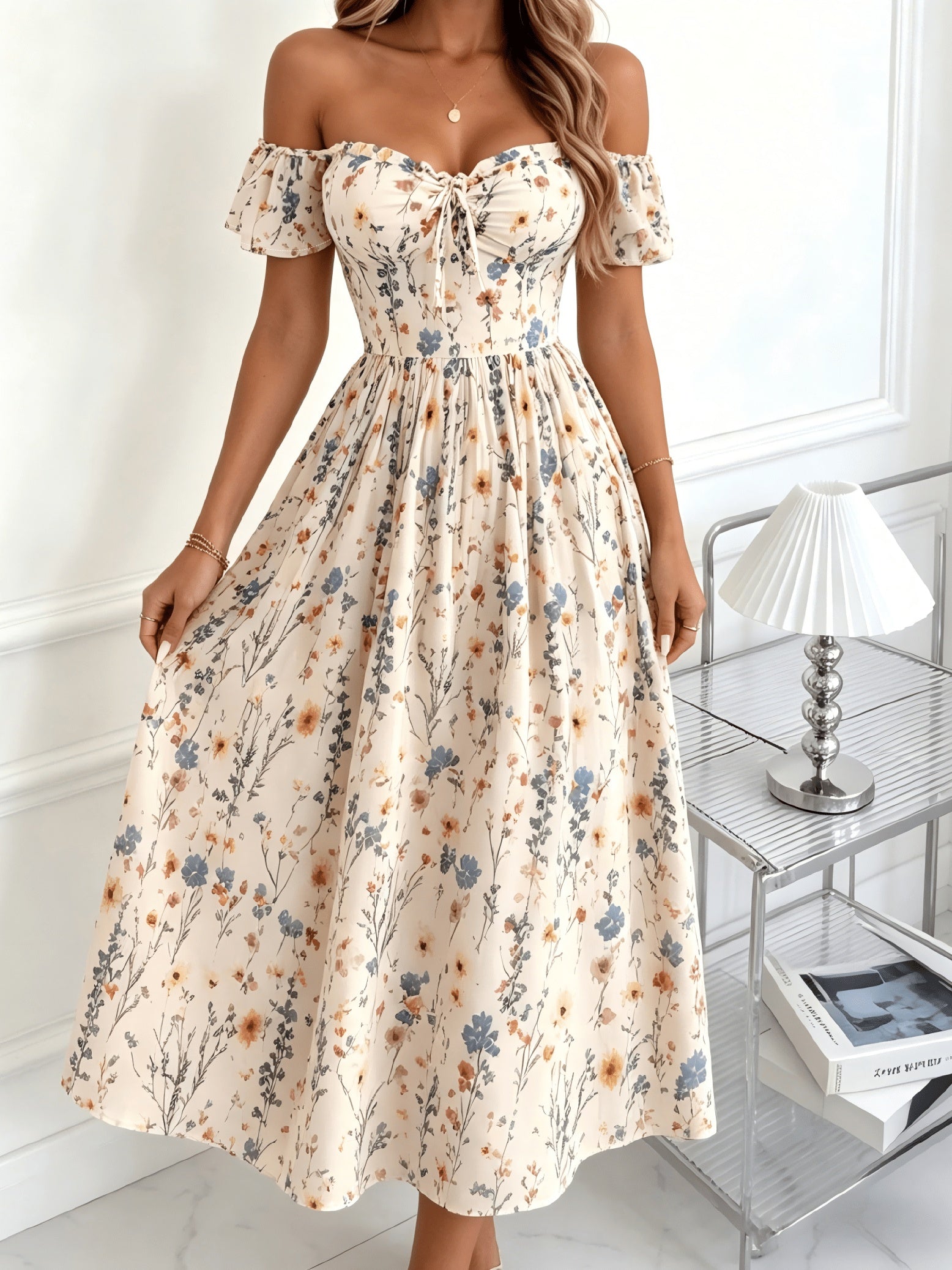 Shangyue Clothing Women'S New Elegant Waist-Cinching Printed Vacation Dress