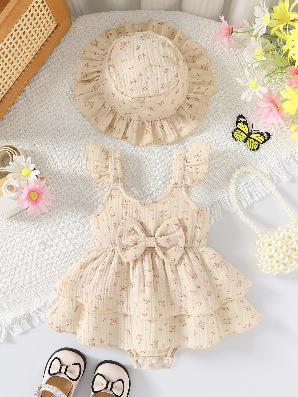 2pcs Set of Elegant Cute Baby Dresses And Rompers, Soft Breathable Comfortable Bow-Adorned Solid Ruffled Tiered Dresses And Sun Hats, Suitable for Casual Daily Vacation, for Outdoor