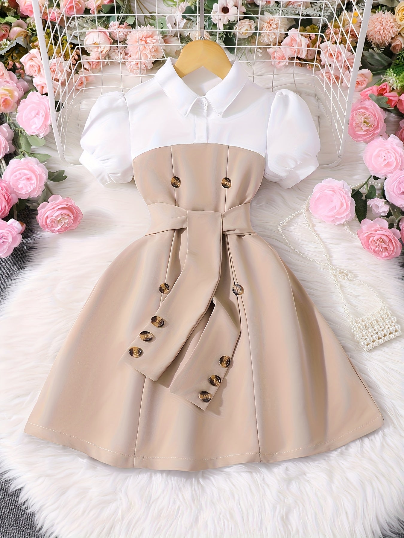 Girls' Elegant Black And White Color-Block Dress with Puff Sleeves And Button Front, Waist-Cinched Umbrella Skirt, Party Wedding Beach Casual Dress, Classic Neckline, Non-Stretch Fabric