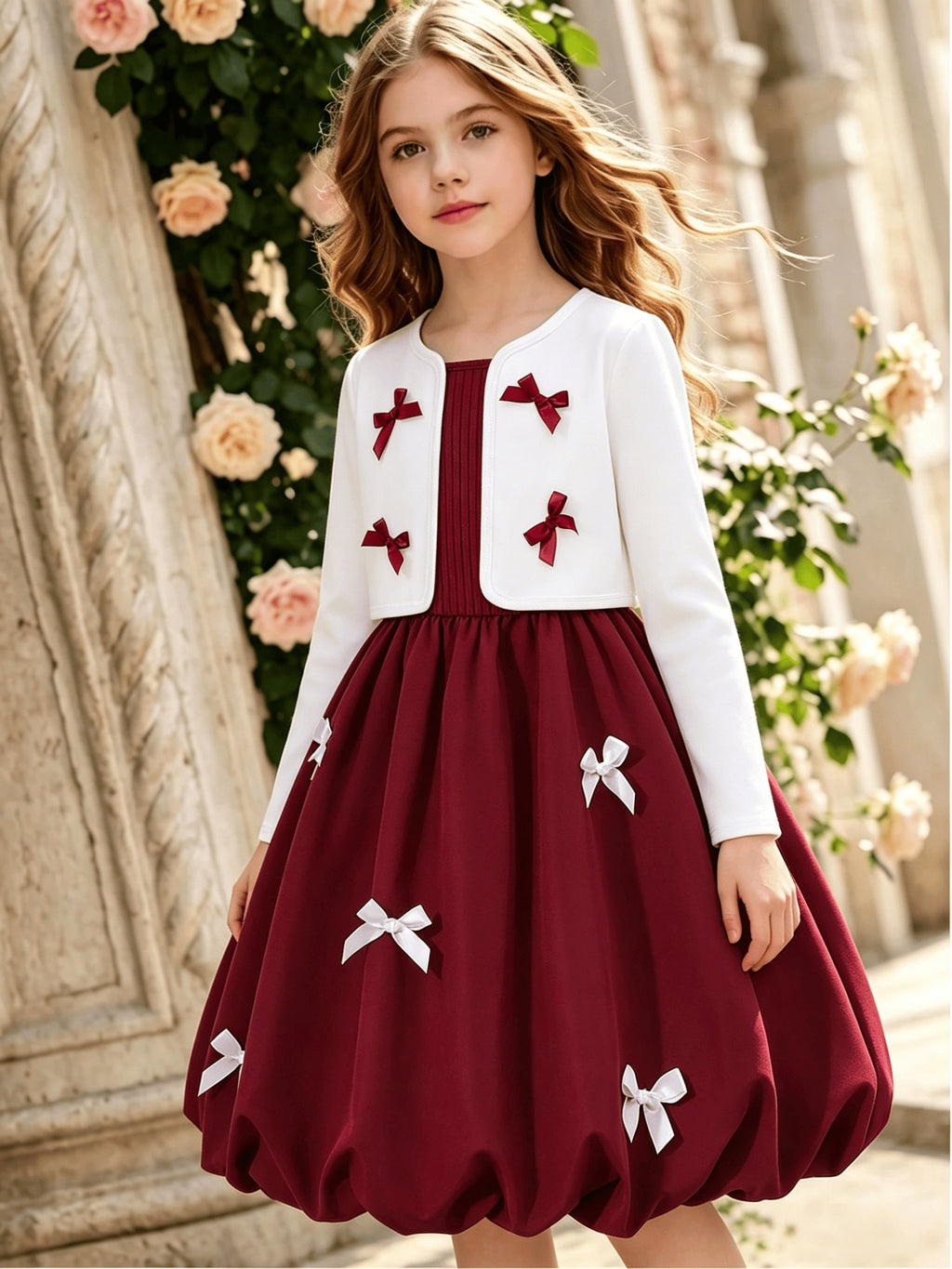 Girls Dress Set | Party Dress | Camisole Dress And Cardigan Set | Bow Detail Camisole Dress with Soft Stretch And Skin-Friendly Elegant Dress Set, Thin Straps, 8-12 Years Old Girls Long Sleeve Cardigan And Camisole Dress Set for Parties
