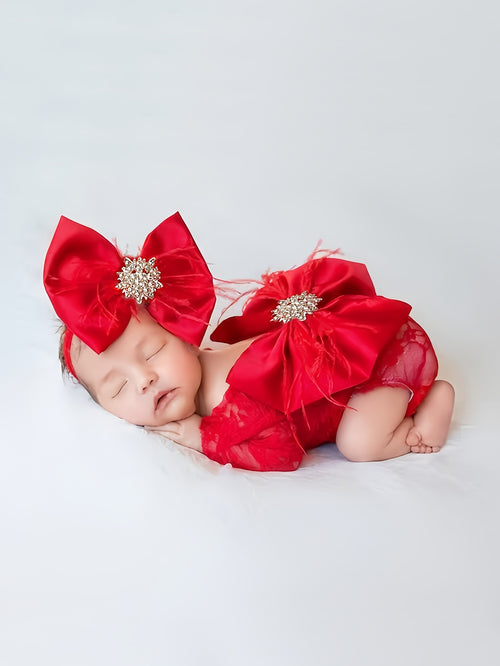 2pcs Baby Girl Knitted Long-sleeved Lace Romper with Handmade Bow Headband Newborn Photography Outfit HD15