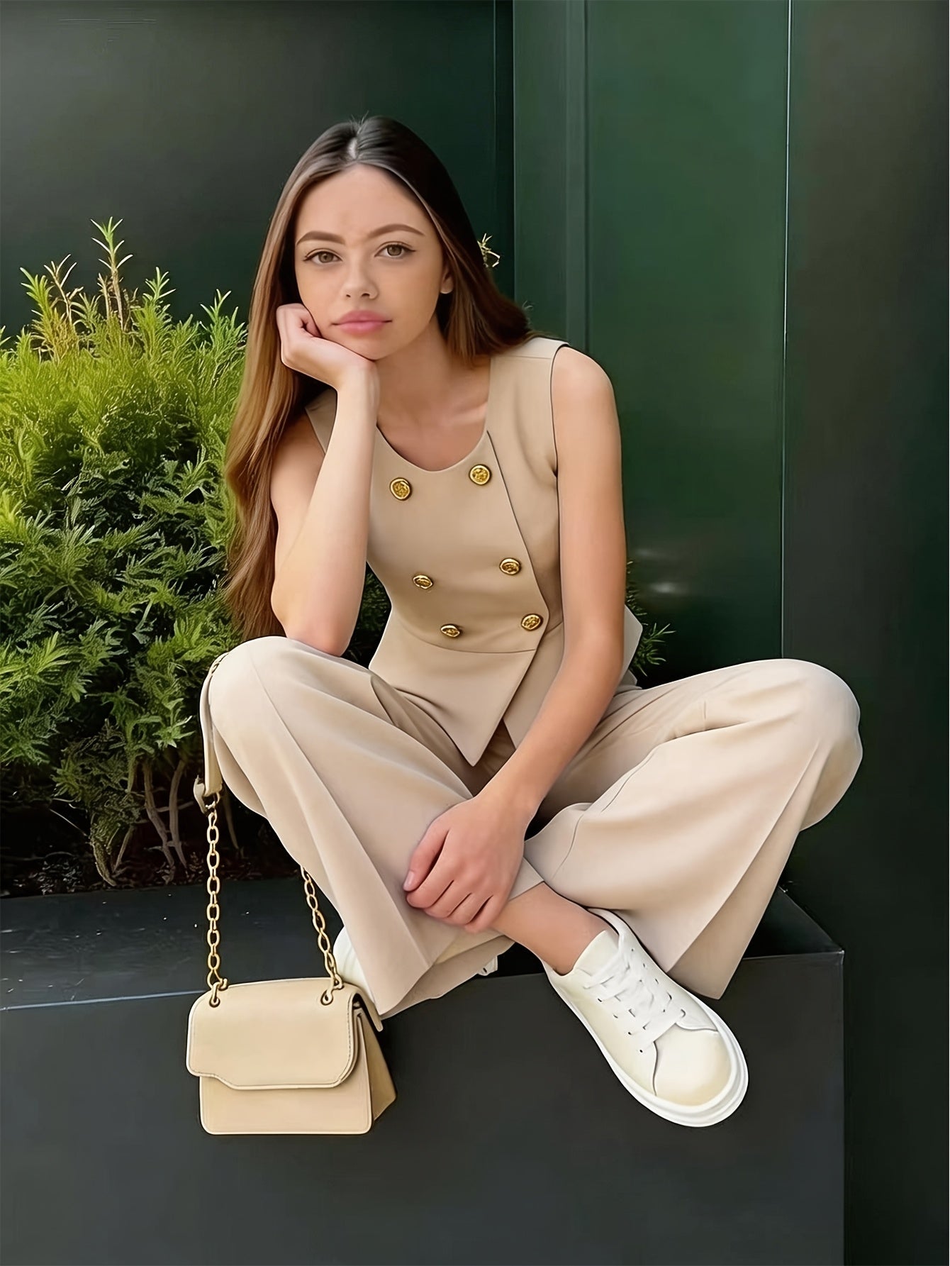 Teen Set/Fashion Casual Sleeveless Vest Top/Spring Summer Fall Elegant Comfortable Outfit 13-16 Years Old/Sleeveless Trendy Short Vest And Straight Long Pants 2pcs Set/for Outdoor/for Teenager/For Teenager