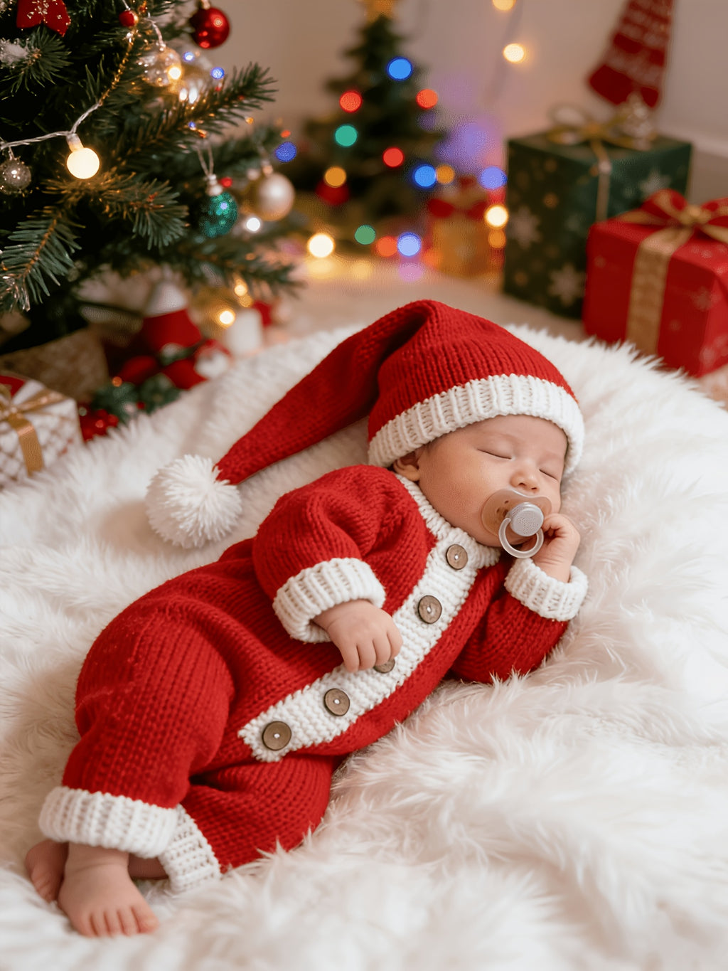 [Santa Baby Romper Set] American Christmas Style Santa Claus Shaped Set - 2pcs Unisex Baby Red And White Color Block Knit Romper + Long Tail Hat, Handmade Coarse Knit, 0-3 Months Newborn Full Christmas Photo Props