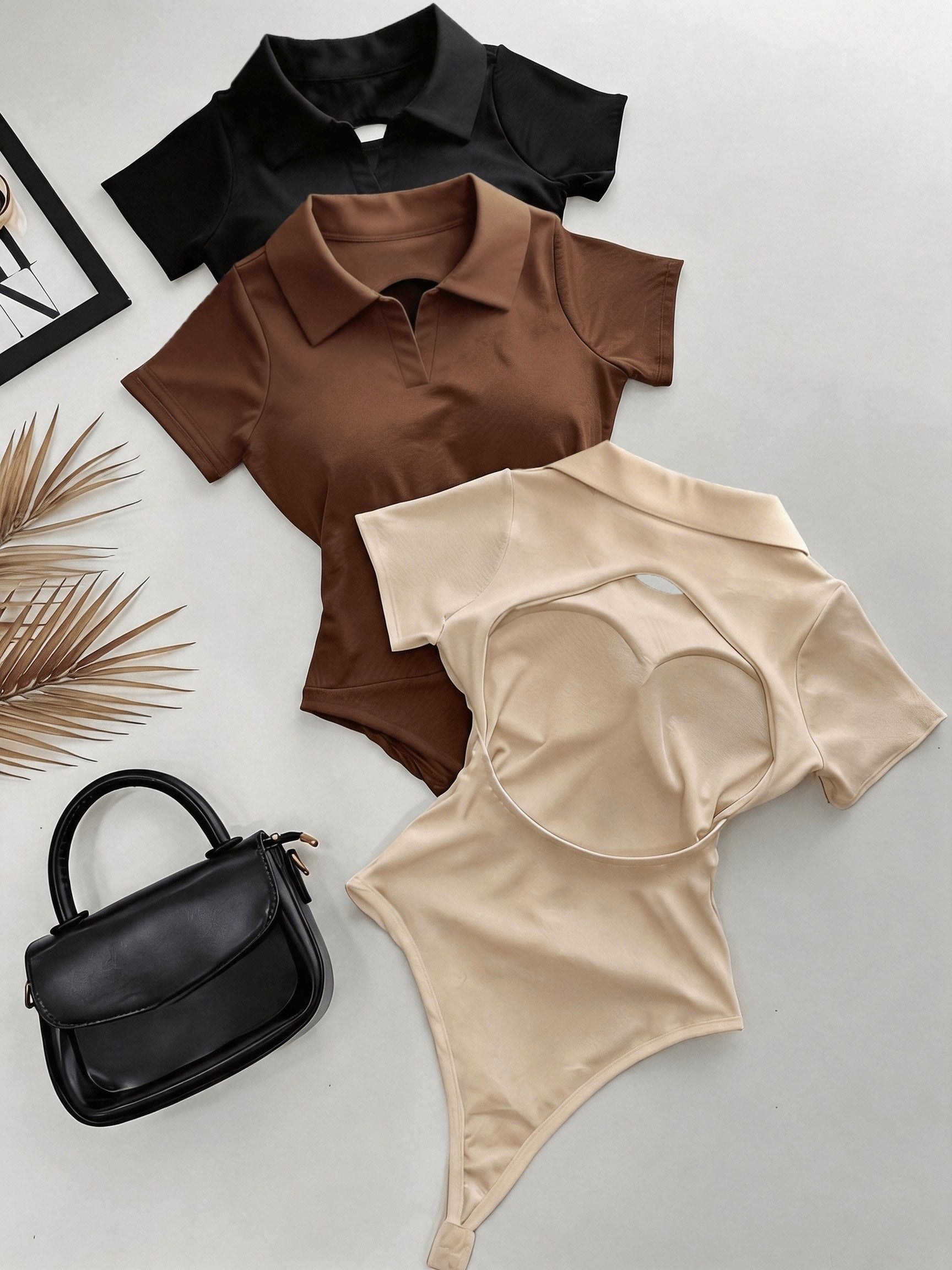 3pcs Women's Polo Collar Bodysuit with Back Cut-Out Design, Short Sleeve Slim Fit Casual Top
