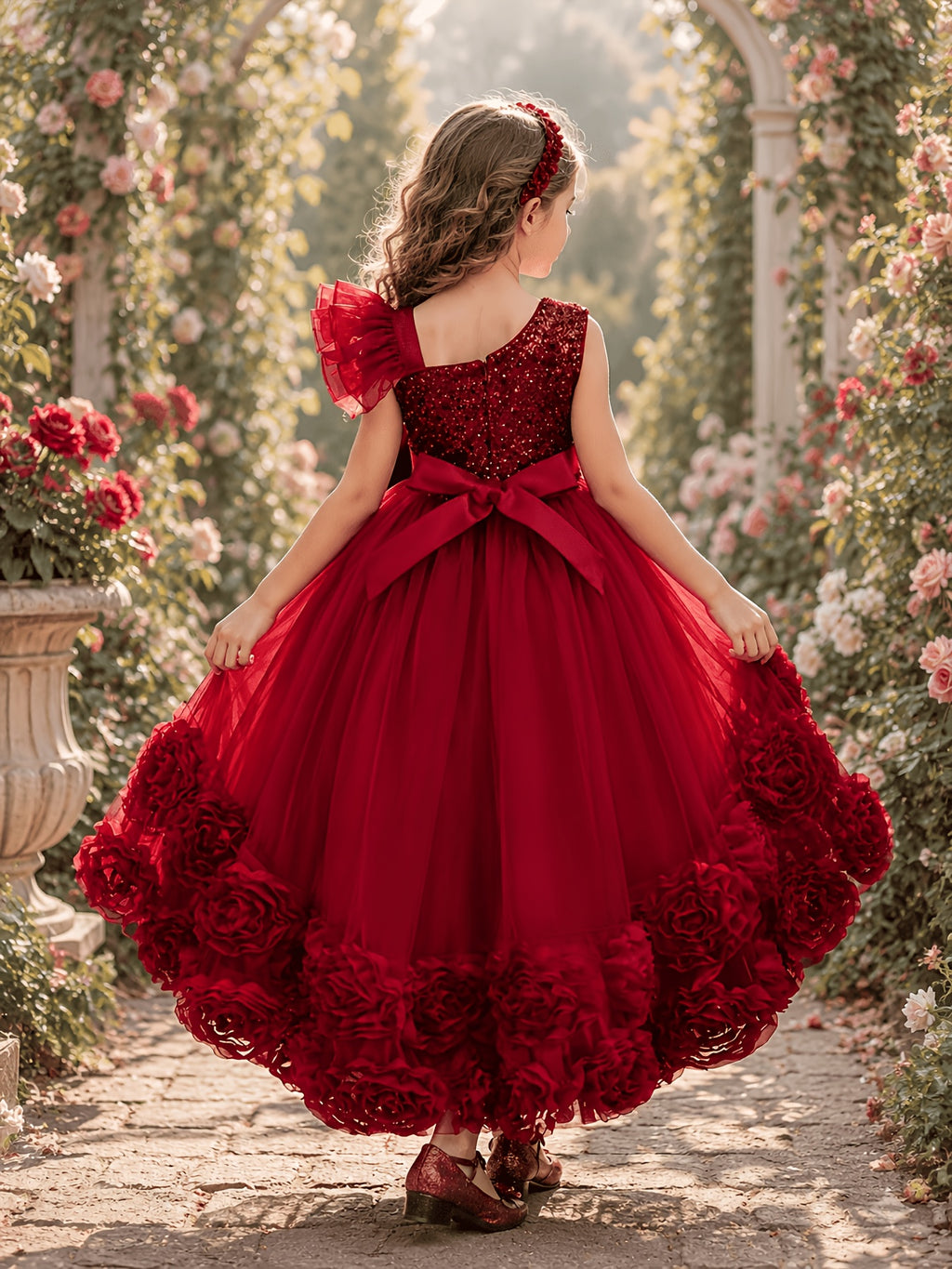 Young Girl Elegant Flower Girl Wedding Dress Short Front Long Back Puff Train 3D Floral Dress Suitable for Graduation Parties Holiday Weddings Dress