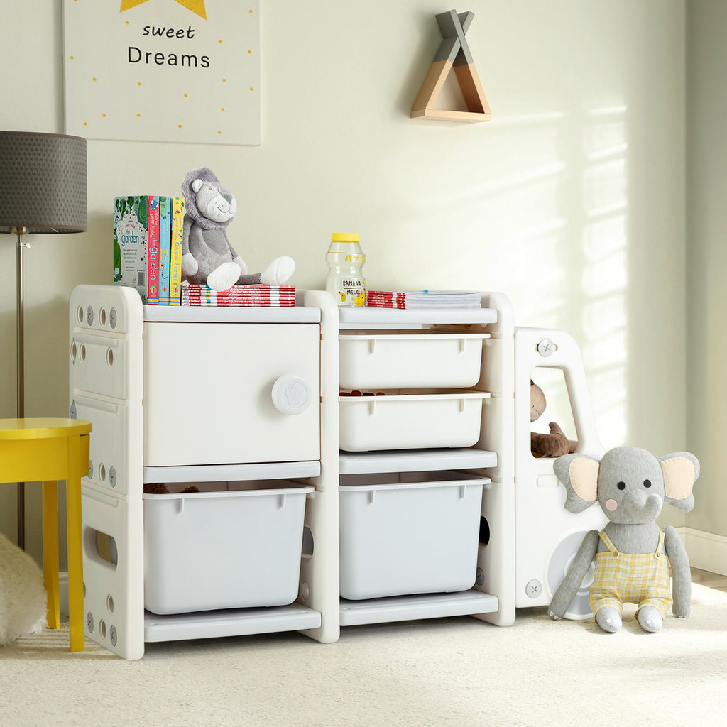 Goplus Truck-shaped Cabinet Toy Storage Organizer w/2 Plastic Bins & Drawers Playroom